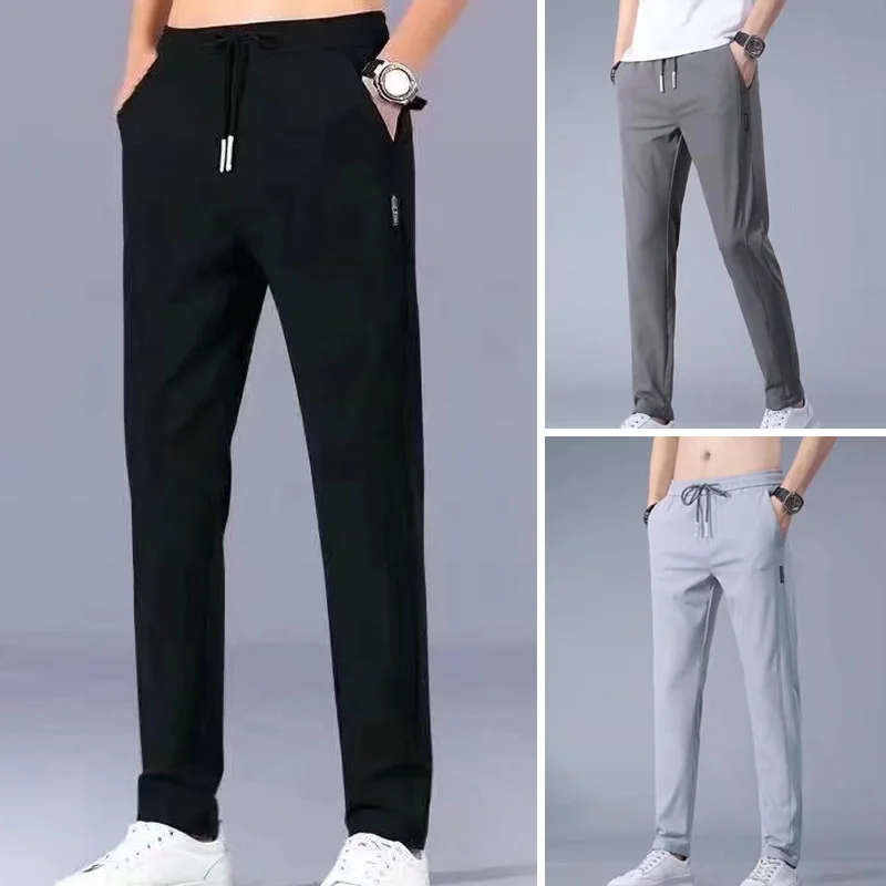 Men New Breathable Ice Silk Pants Spring Summer Mercerized Cotton Multi-pocket Drawstring Mid Waist Trousers 3 Solid Color Thin