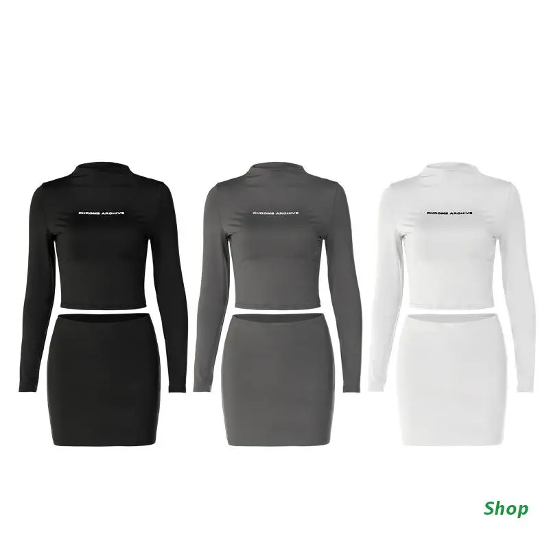 

L5YC Fashion Matching Suit Women's Two Pieces Outfit Long Sleeves Crop Tops Letter Print T-shirt Mini Bodycon Skirt for Daily