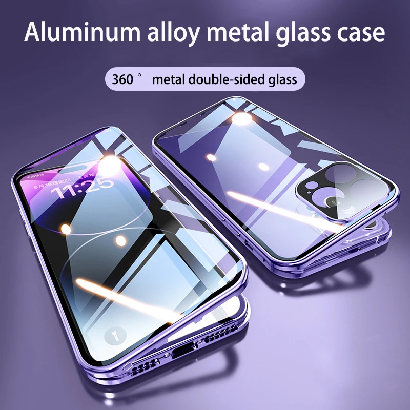 

Metal Double Sided Glass Case For iPhone 14 13 12 Pro Max 360 Full close Safety Lock Case Magnetic Magsafe Protection Cover