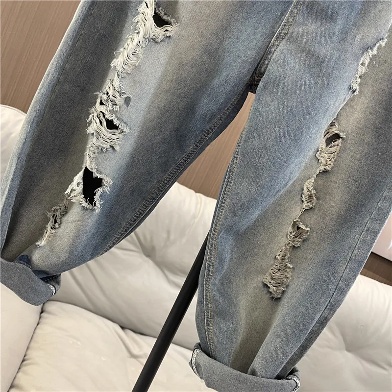 European Goods Hip Hop Ripped Jeans for Women 2023 Spring Summer New High Waist Embroidery Loose Oversize Cropped Harem Pants