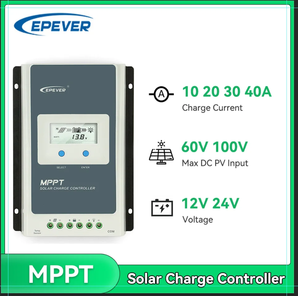 

EPEVER Tracer 40A 30A 20A 10A MPPT Solar Charge Controller 12V 24V Auto Battery Solar Regulator Input Max PV 60V 100V 2210AN