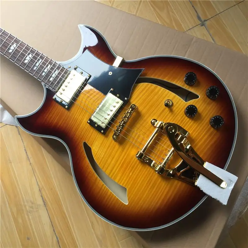 

Handmade semi-hollow-body Jazz electric guitar, vintage Sunbeam flame Maple top big jazz Bigs tremolo tail piece guitar