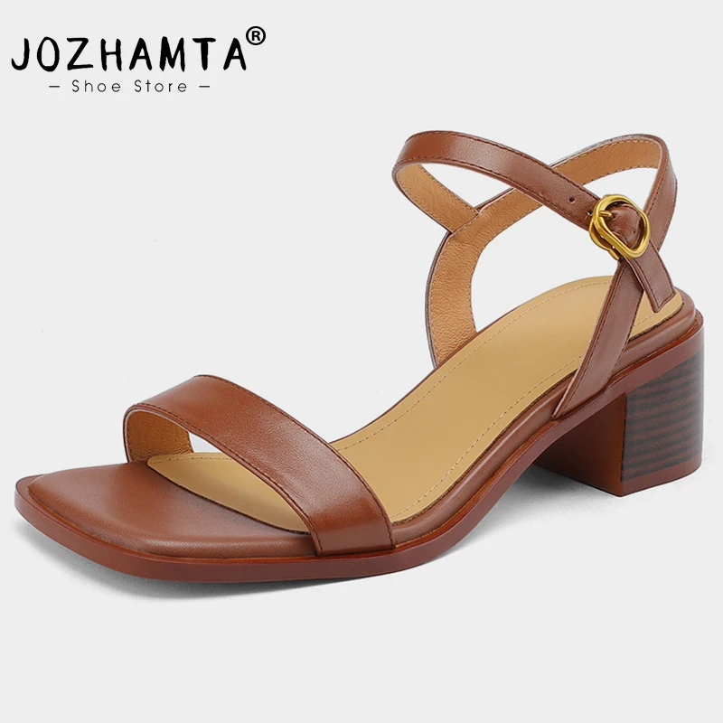 

JOZHAMTA Size 33-41 Women Sandals Genuine Leather Thick High Heels Shoes For Women Buckle Strap And Mid Heel Office Sandalias