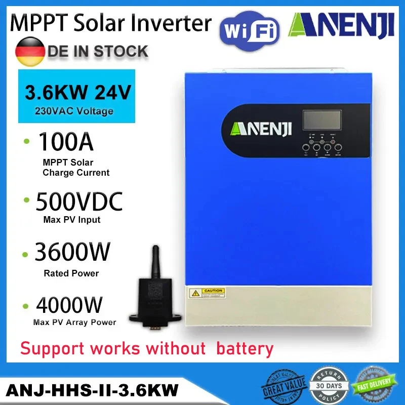 

3.6KW Hybrid Solar Inverter Off Grid Tie Pure Sine Wave 24V 220VAC Max PV 500VDC Built-in 100A MPPT Solar Charge Controller Wifi