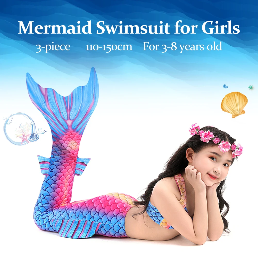 

3Pcs/Set Girls Mermaid Tail Swimsuit Children the Little Mermaid Costume Cosplay Beach Clothes Bathing Suit
