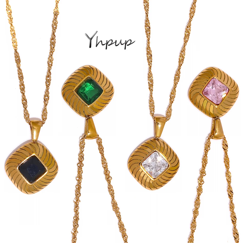 

Yhpup Stainless Steel Pendant Necklace Cubic Zirocnia Square Geometric Drop Vintage Fashion Necklace 18k-gold-plated Jewelry