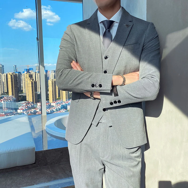 

(Пиджак + жилет + брюки) мужской деловой однотонный костюм из 3-х предметов для мужчин Модный свадебный костюм для жениха
