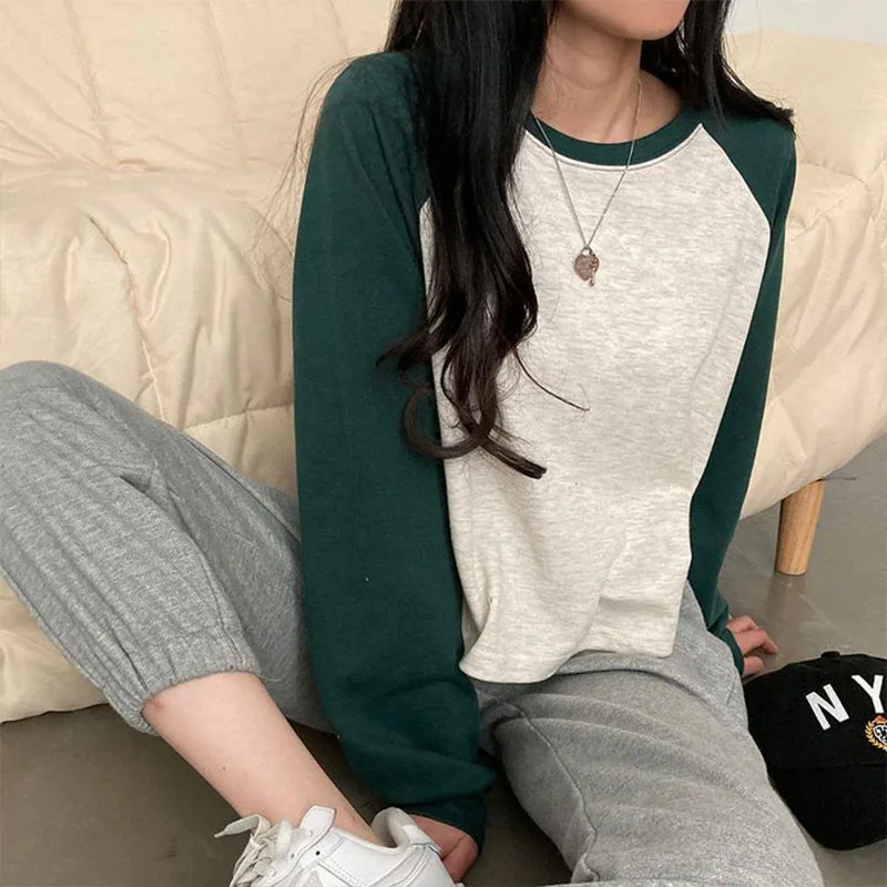 Футболки женские весенние хлопковые корейские версии Лоскутные Топы с длинным