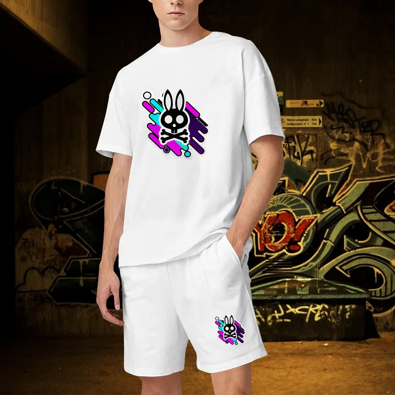 Skull Bunny Print High Quality Pure Cotton Tracksuits outfits Man TShirts Shorts 2 Pieces Set Causal Oversized Summer Men Set