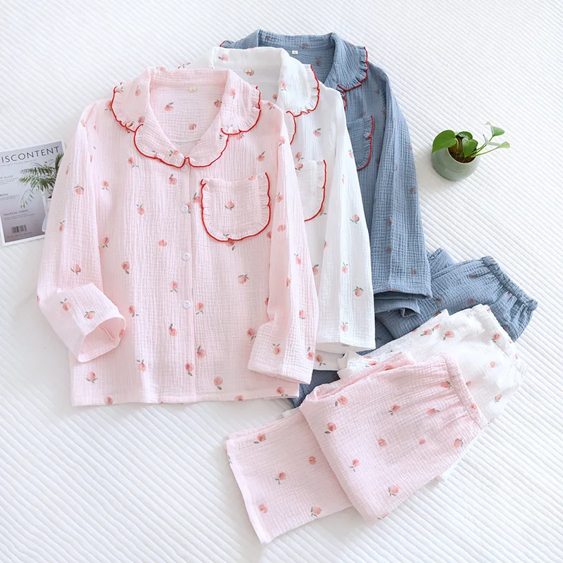 

Spring and autumn new women's pajamas long-sleeved trousers two-piece set 100% cotton crepe cute plus size homewear suit women