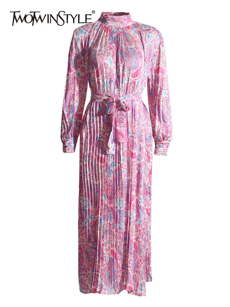 

Женское платье с цветочным принтом TWOTWINSTYLE, винтажное платье миди с воротником-стойкой и рукавами-фонариками, с высокой талией, на шнуровке, ...