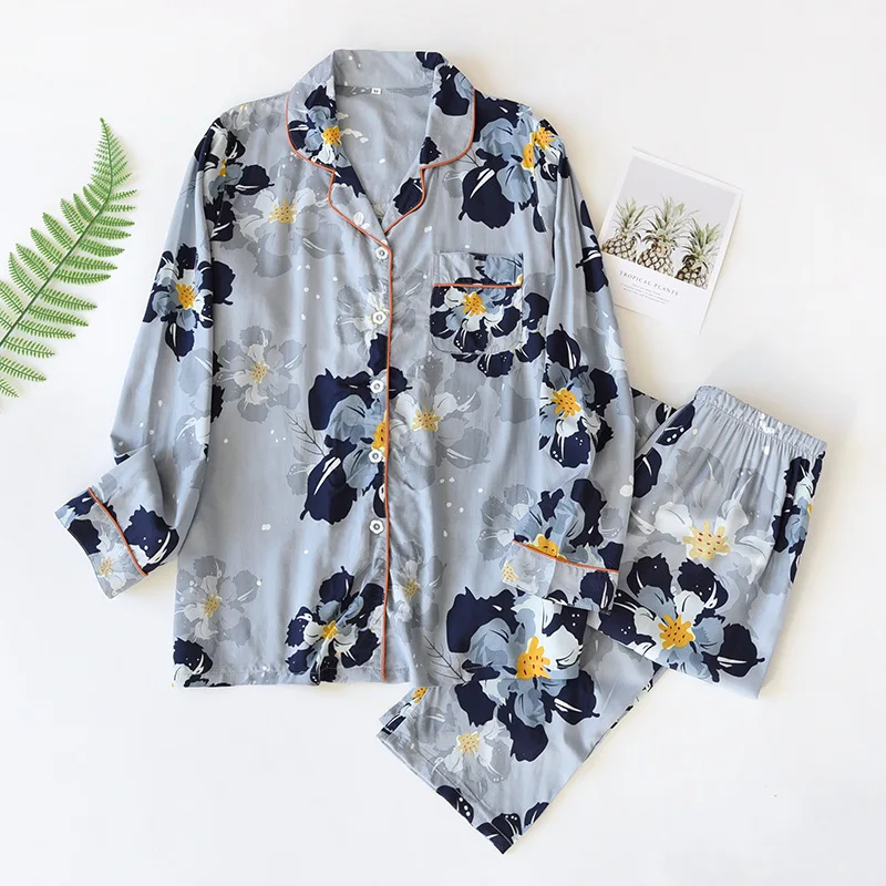 Sleep Wear Ladies Pajamas Long Sleeve Sleepwear Thin Print Loungewear Loose Plus Size Suit Spring Autumn Clothes Woman Pjs Set