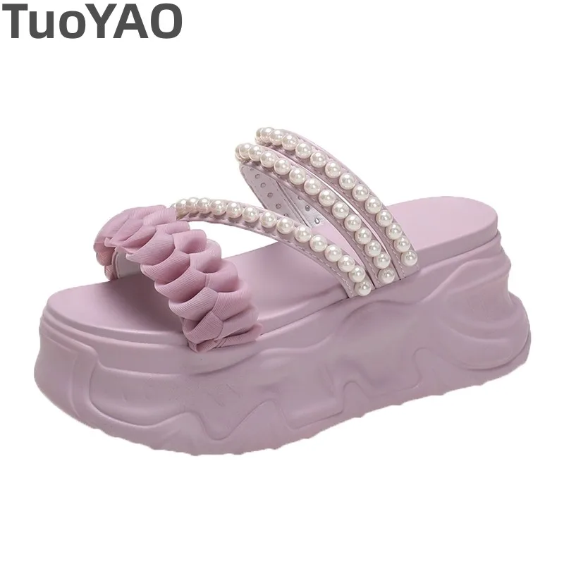 

Сандалии женские на высокой платформе 8 см, без застежки, жемчужные босоножки, повседневные пляжные тапочки, сланцы, Уличная обувь, 2023