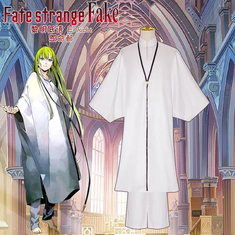Аниме Fate Grand Order Enkidu кимоно Косплей Костюм белый халат зеленый парик Хэллоуин