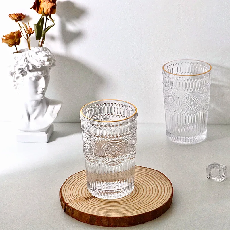 

Nordic Style Retro Embossed Phnom Penh Glass Round Sun Flower Water Cup Cold Drink Milk Tea Shop Juice Wholesale Glass Cup