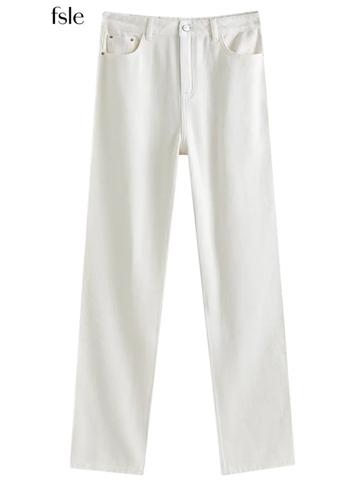 FSLE Office Lady Long Trousers Women White Straight High Waist Jeans 2022 Winter New 100% Cotton Denim Regualr Straight Pants