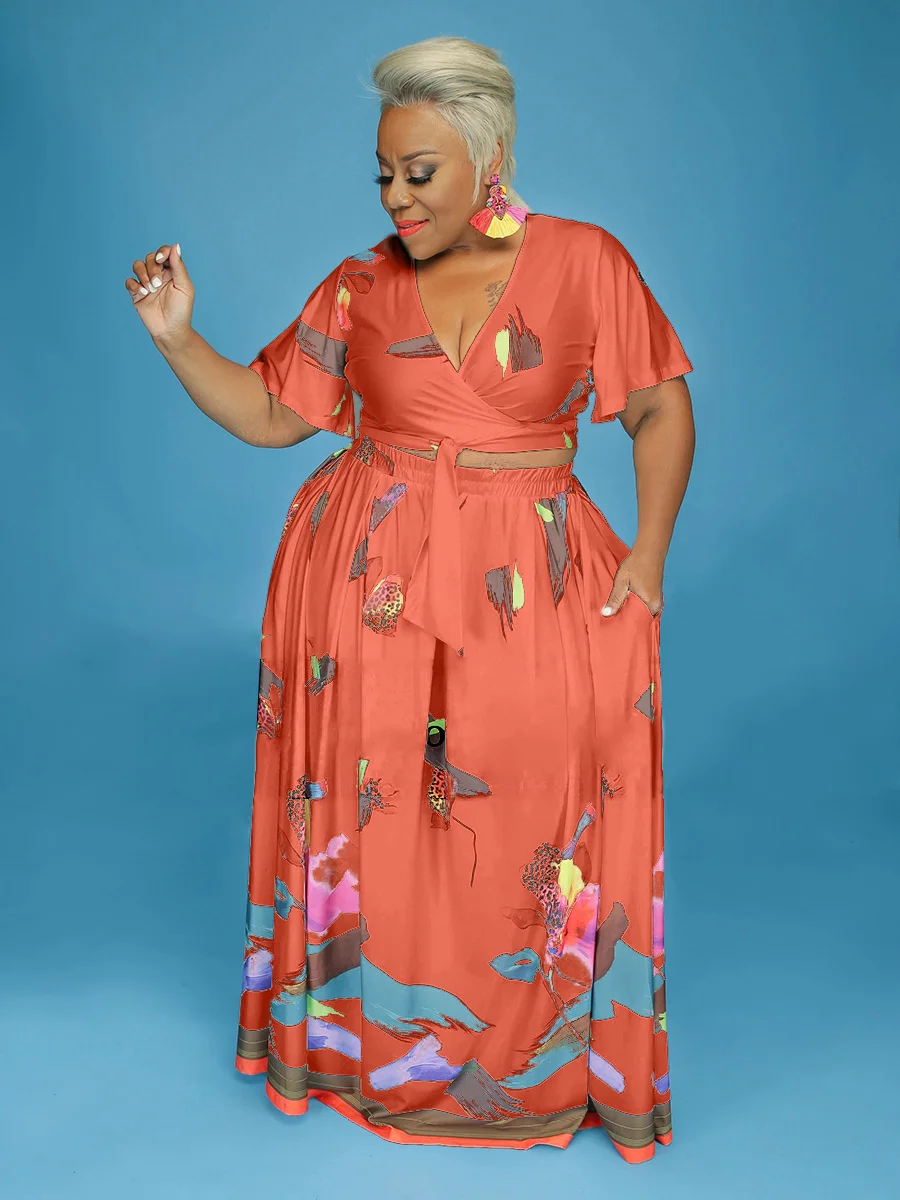 2023 Plus Size Women's Fashion New Style Strap High Waist Print Two Piece Dress V-Neck Short Sleeve Holiday Set