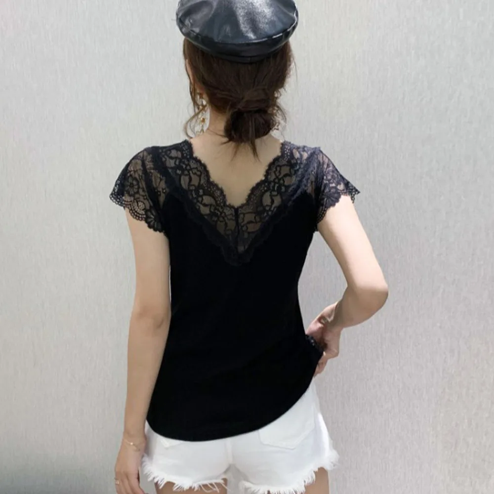 Женская кружевная блузка с блестками элегантная облегающая черная составного