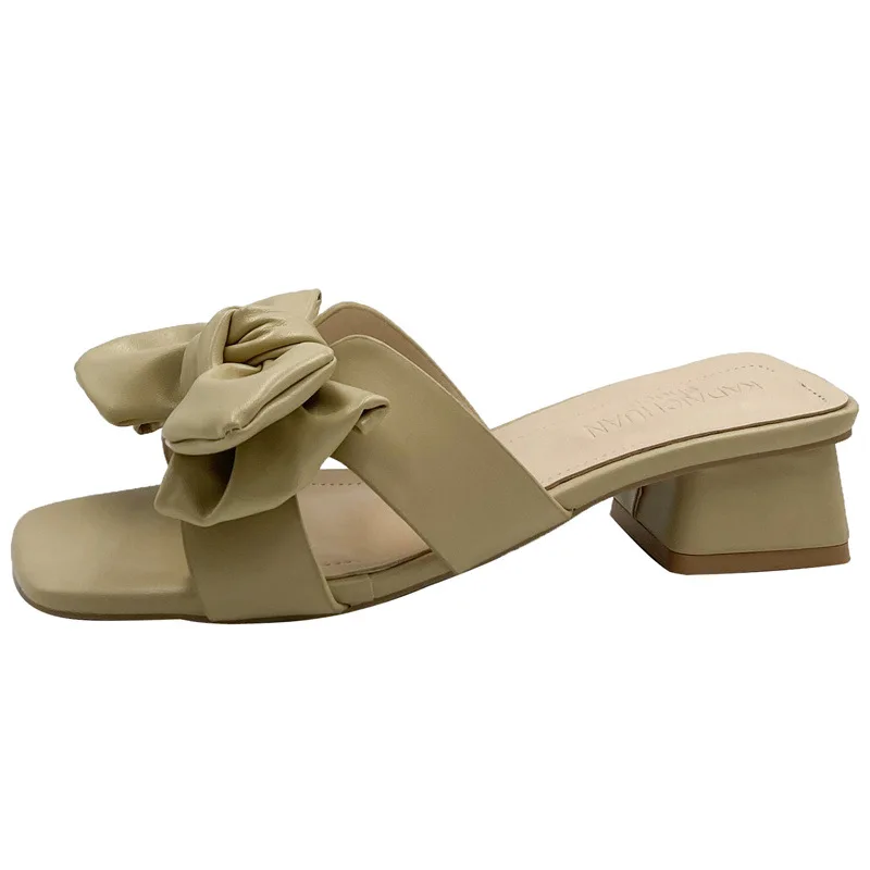 Thick-heeled Slides Sandals Slippers for Women to Wear in Summer 2022 New Fairy Style Bow with Skirt Net Red Beach Shoes