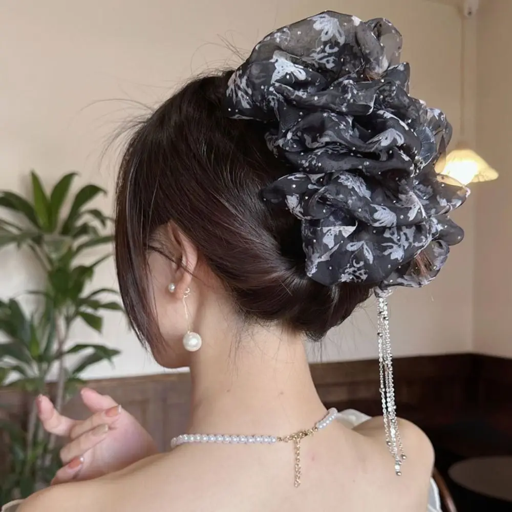 

Print Bow Hair Claw Elengant Chiffon Multi-Layer Mesh Ponytail Clip Headdress Tassel Bow Shark Clip Girls/Ladies