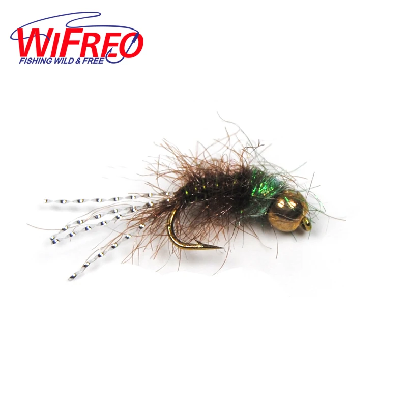 

[6 PCS] #12 New Brass Bead Head Nymph Buggy Body Flash Tail Trout Fishing Fly Bait flys Green Olive