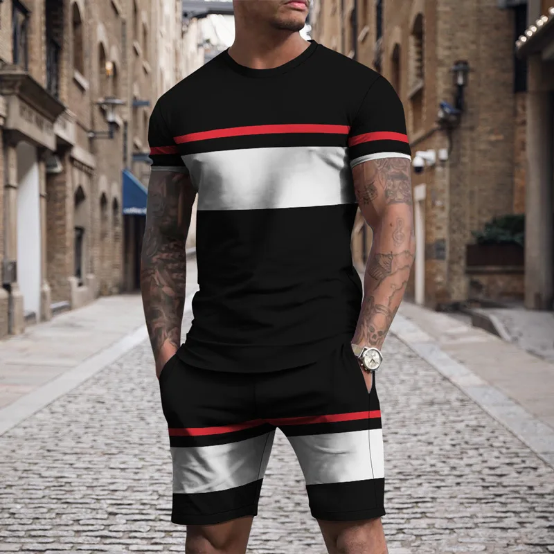 Promotion Summer New Men's Striped Short Sleeve Suit Casual Men's Sweatshirt Two-piece Streetwear Oversized Good Quality