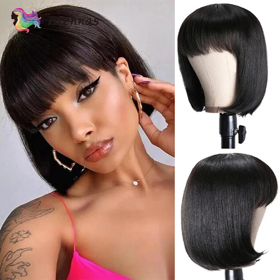 Short Bob Human Hair Wigs Brazilian Straight Wig With Bangs For Women Natural Color Full Machine Made Wig Remy Hair Glueless Wig