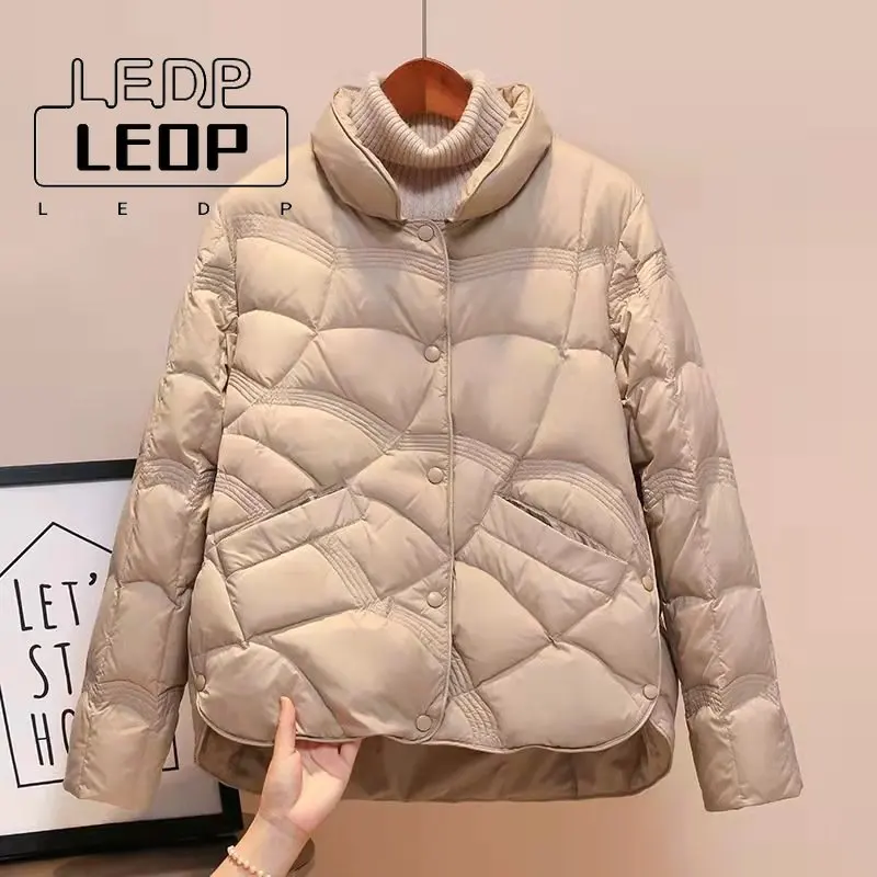 

Korean Fashion Down Jacket Elegant Women's Plus Down Cotton Coat Stand-up Collar Single-breasted Plain Long-sleeved Warm Jacket