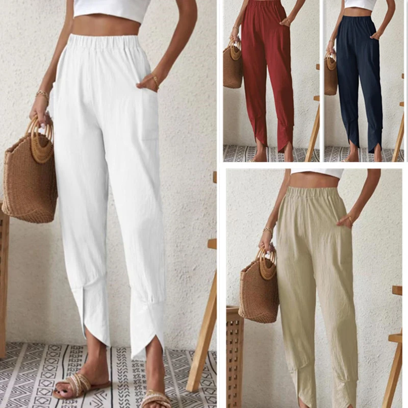 Women's Cotton Linen Pants Drawstring Elastic Waist Loose Wide Leg Cropped Pants With Pockets Pantalones De Mujer Fast Shipping