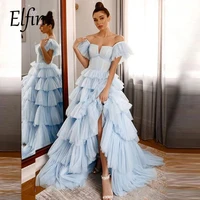 elfin pale blue tulle ruffled prom dresses 2022 newest off shoulder tiered layers homecoming party evening dress