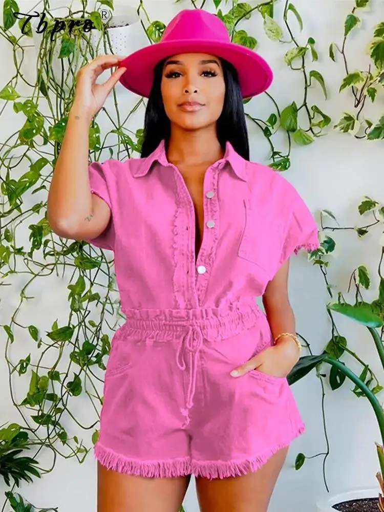 

Women's Tassel Single Breasted Frayed Mini Shorts Fashion Solid Nightclub Denim Jumpsuit 2022 Summer Elegant Sweet Suit