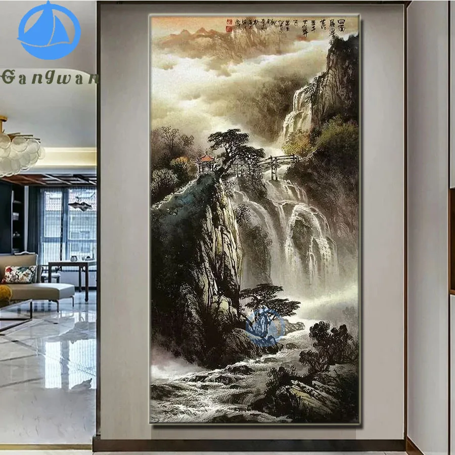 

Full Square round DIY Diamond Painting"Chinese landscape painting"5D Embroidery Cross Stitch Rhinestone Painting Entrance Decor
