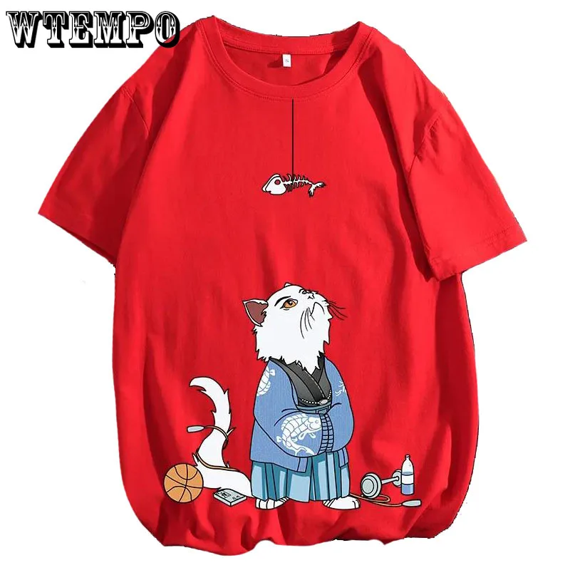 

Oversized T-shirts Summer Cartoon Cat Print Shirt Japanese Trendy O-neck Short Sleeve Casual Pullover Men Graphic Clothing 2022
