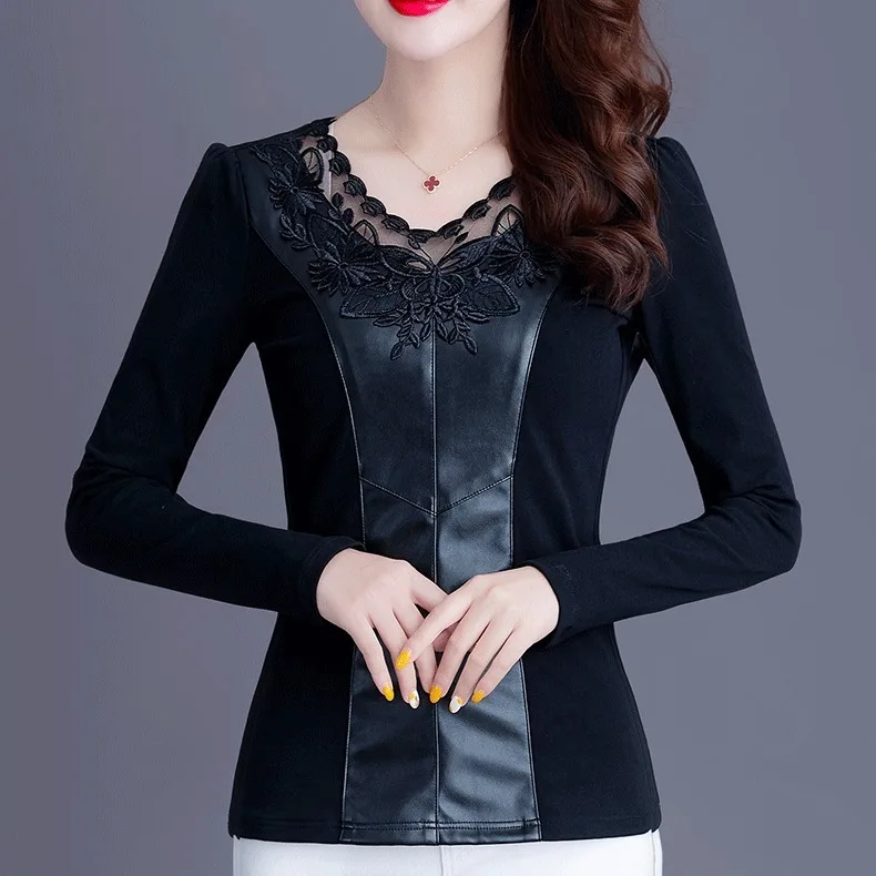 

1pcs Women's Blouses Tops 2024 Spring PU Leather Mesh Embroidery Splicing Hollow Elastic Primer Ladies Skinny Retro Black Shirts