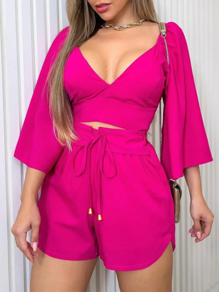 

Spring Summer Women Casual Short Sets Elegant Backless V Neck Sweet Fashion Solid Office Lady Streetwear Pullover Sets New 2023