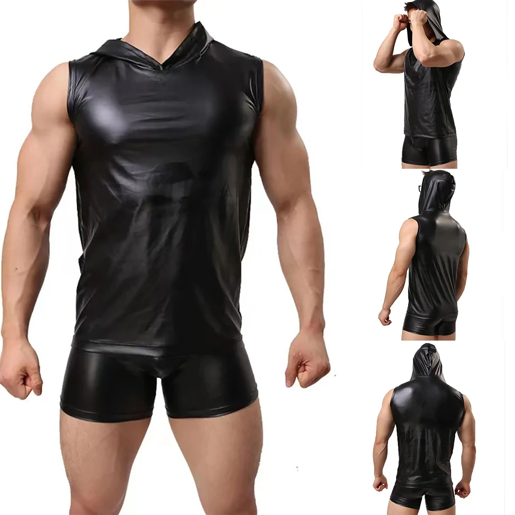 

New Faux Leather Men Hooded Tank Vest Sexy Sleeveless T-Shirt Top Tee Clothing For Men Hoodies Shirts