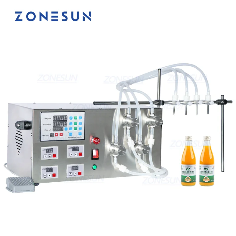 

ZONESUN Liquid Filling Machine 4 Head Magnetic Pump Electric Semi-Automatic Juice Drink Soya Milk Vinegar Bottle Filler