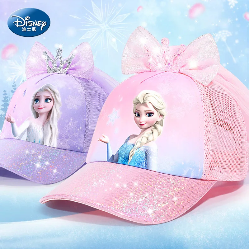 Disney Frozen Child Hat Summer Cute Girls Mesh Cap Kawaii Visor Pink Sun Hat Veil Lace Princess Elsa Baseball Cap