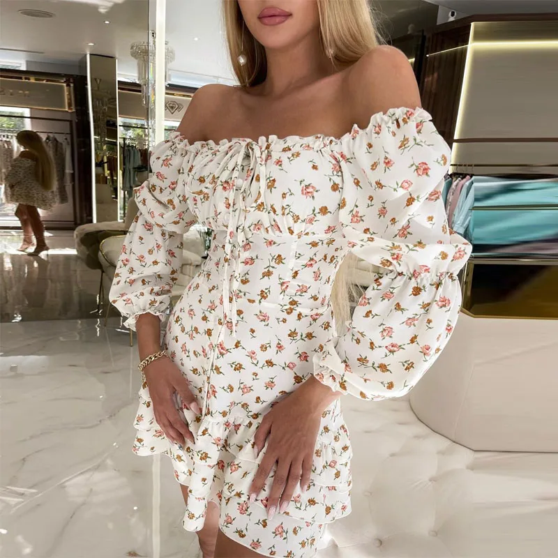 

Sexy Off-the-shoulder Floral Flower A-line Dress High Waist Drawstring Mini Short Dresses For Summer