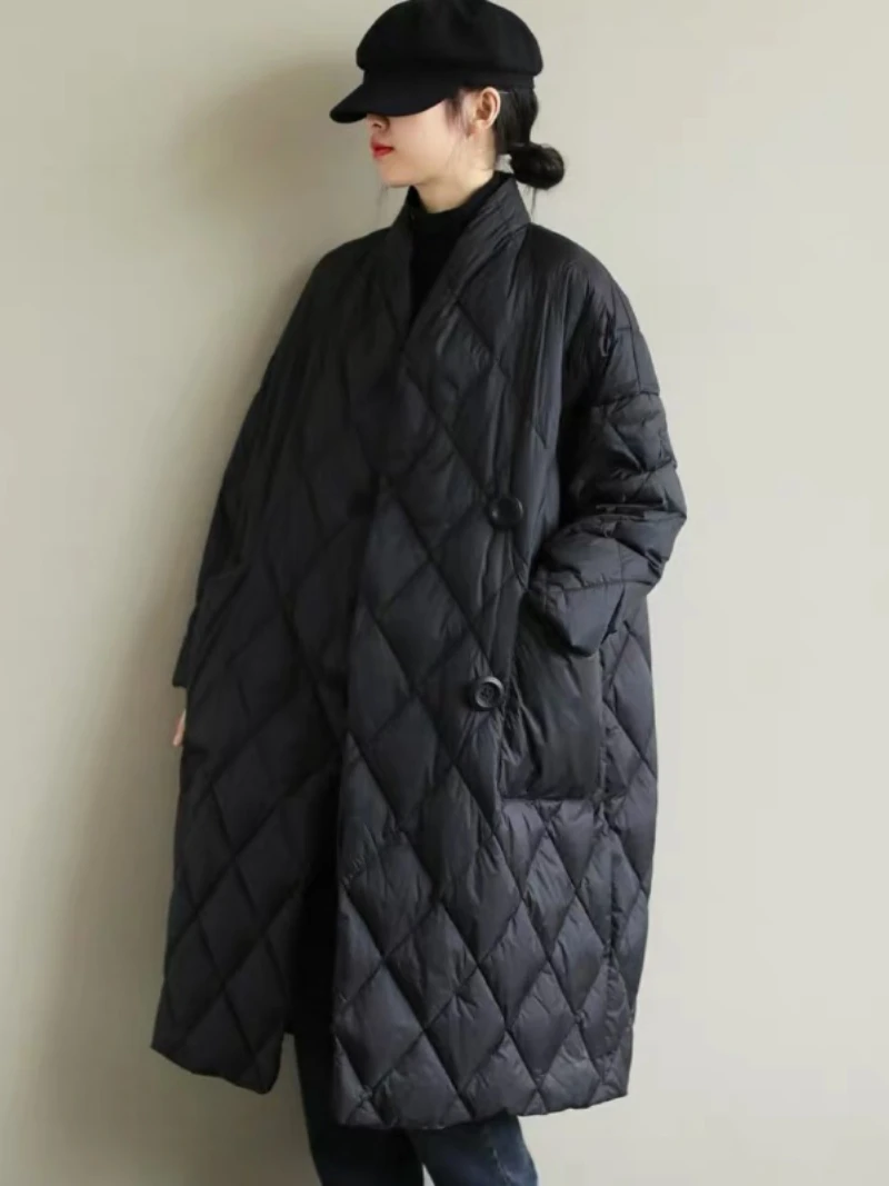 Women Loose Warm Down Jacket Stand Collar Solid Color Pressing Line Grid In Long Style White Duck Down Coat