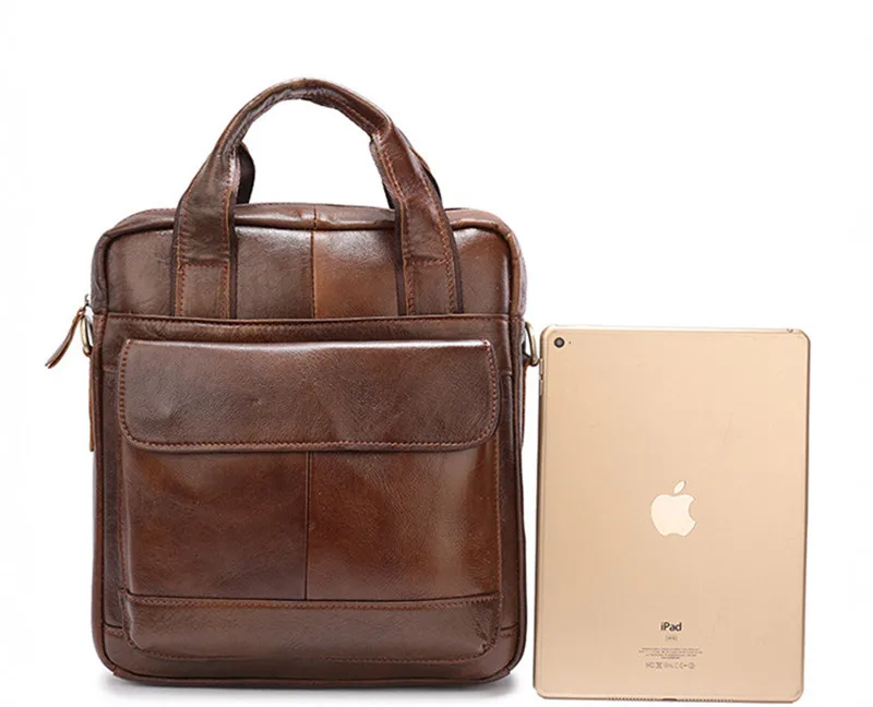 Retro fashion natural genuine leather youth vertical portable briefcase daily work office business shoulder messenger bag male