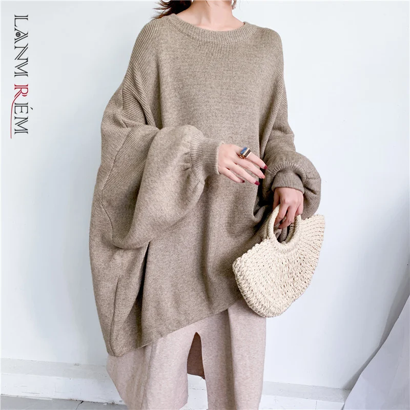 

LANMREM 2022 Autumn New Fashion Solid Color Round Neck Pullover Bat Sleeve Long Knit Sweater Women PB615