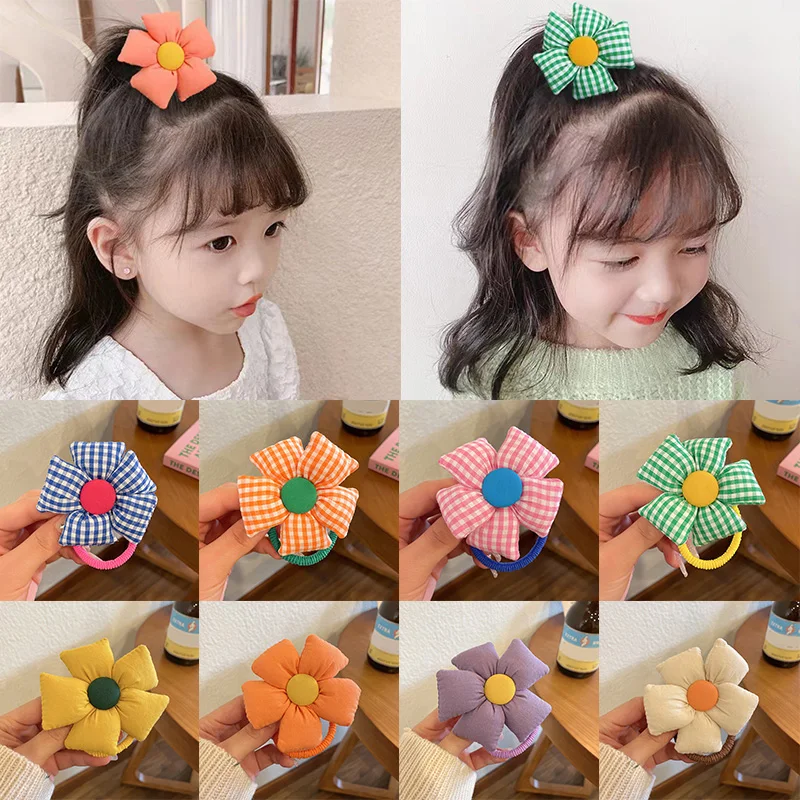 

Girls Colorful Elastic Hair Bands Big Flower Rubber Band Cartoon Big Flower Scrunchies Children Hair Accessories Plaid Hair Rope