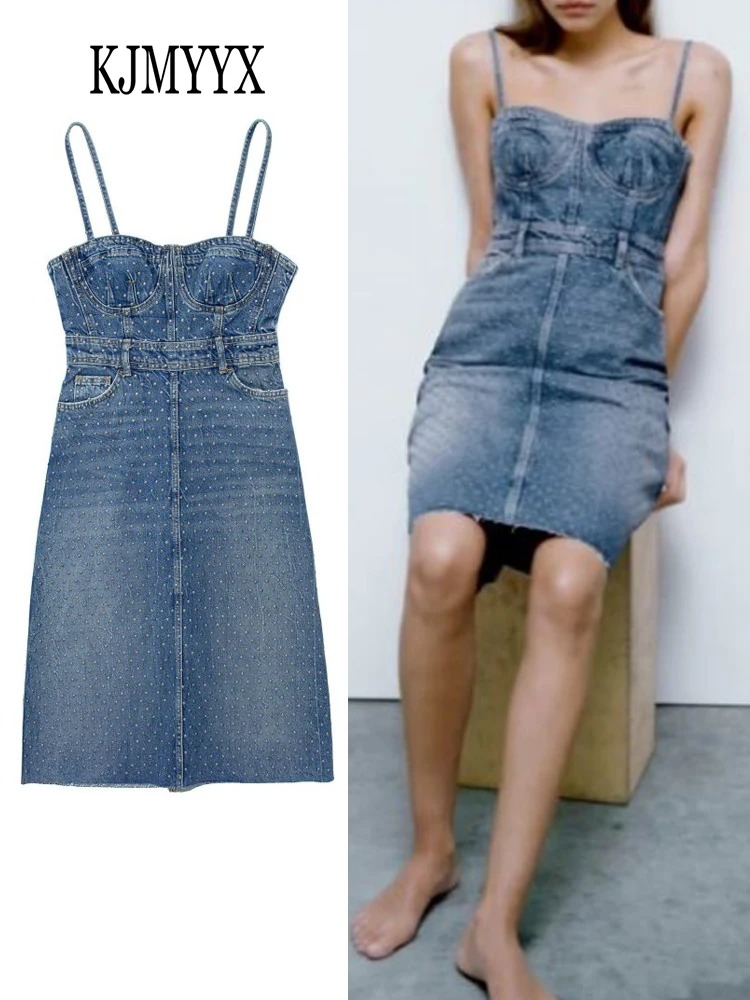 

KJMYYX Rivet Decoration Women Fashion Strap Denim Dress Summer Sexy Sleeveless Backless Slim Dresses Female Casual Blue Vestido