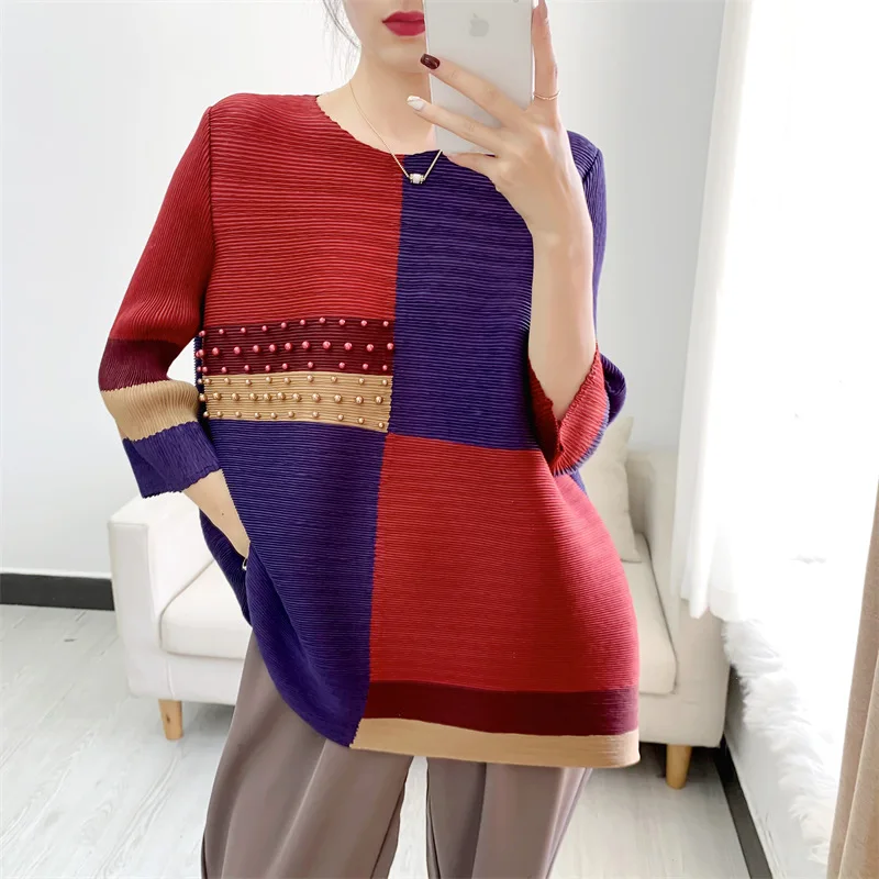 

2022 women's summer new color matching beaded top Miyak fold Fashion plus size loose three-quarter sleeve T-shirt