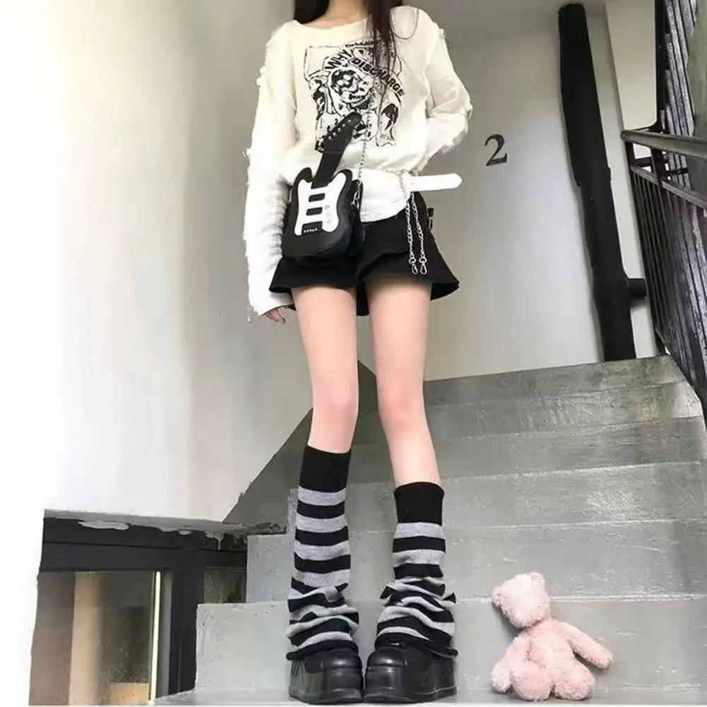 

Japanese Style Leg Warmers Women Flared Shape Long Student Leg Covers Elastic Cuffs Striped Loose Knitted Leg Warmers Accessorie
