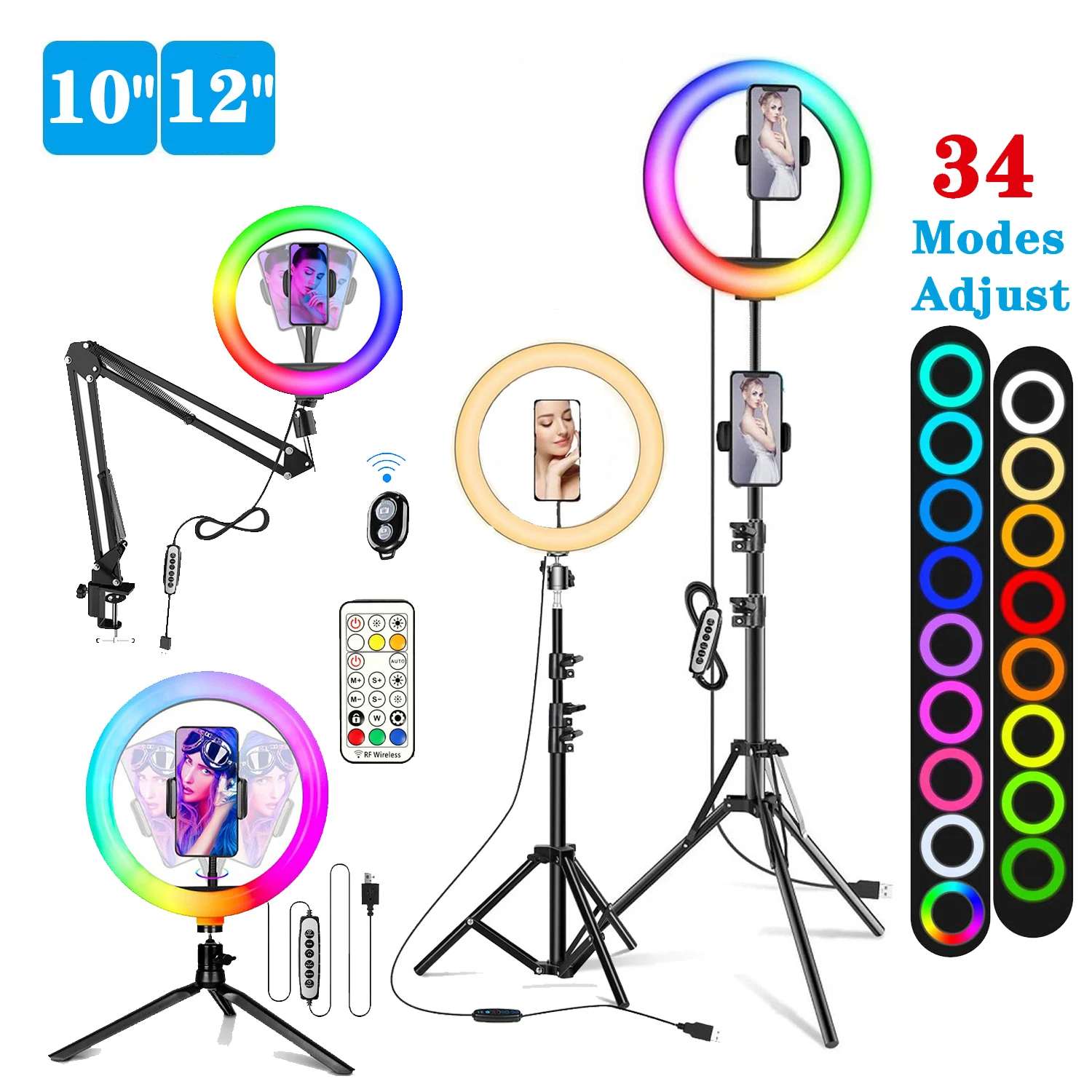 

12in 30cm Selfie RGB Ring Light Tripod Phone Stand Holder Photography RingLight Circle Fill Light Led Color Lamp Trepied Makeup
