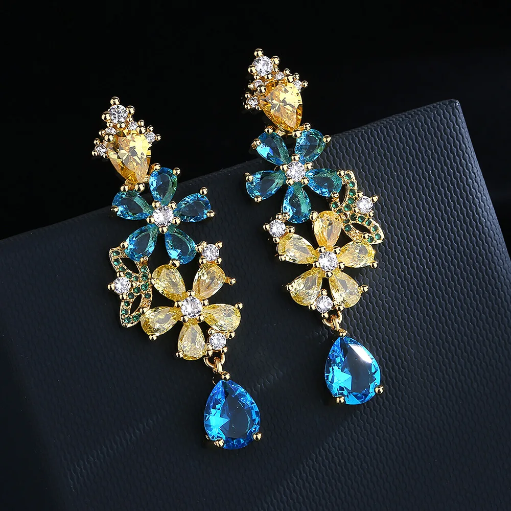 Bohemian color zircon flower earrings silver needle fashion heavy industry earrings female personality earrings