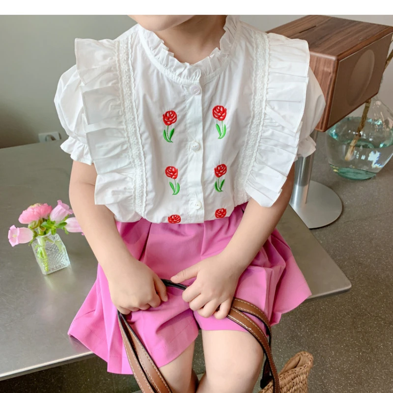 Новинка лета 2022 костюм для девочек милая рубашка с вышивкой оборками и шорты
