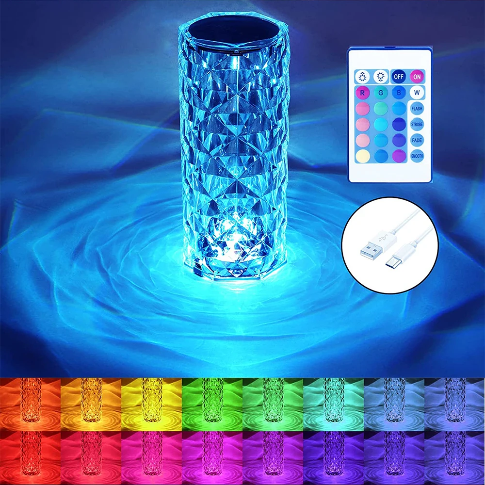 Crystal Lamp 16 Color Changing RGB Night Light Touch Lamp USB Romantic LED Rose Diamond Table Lamps for Bedroom Living Room